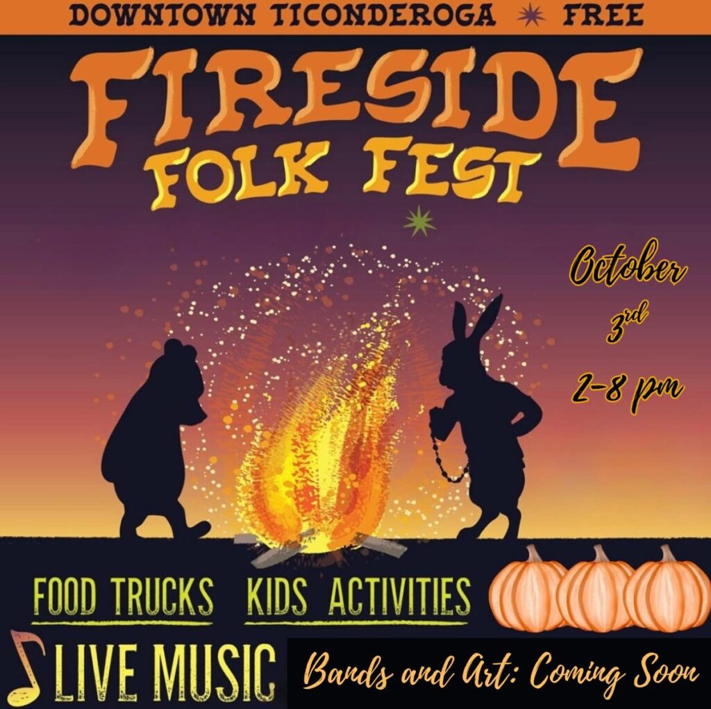 Poster for the Fireside Folk Fest in downtown Ticonderoga on October 3, featuring live folk music, autumn-themed artwork, and event details